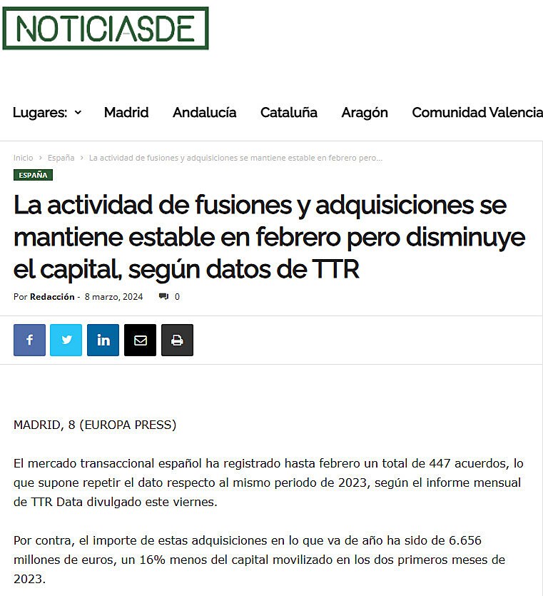 La actividad de fusiones y adquisiciones se mantiene estable en febrero pero disminuye el capital, segn datos de TTR